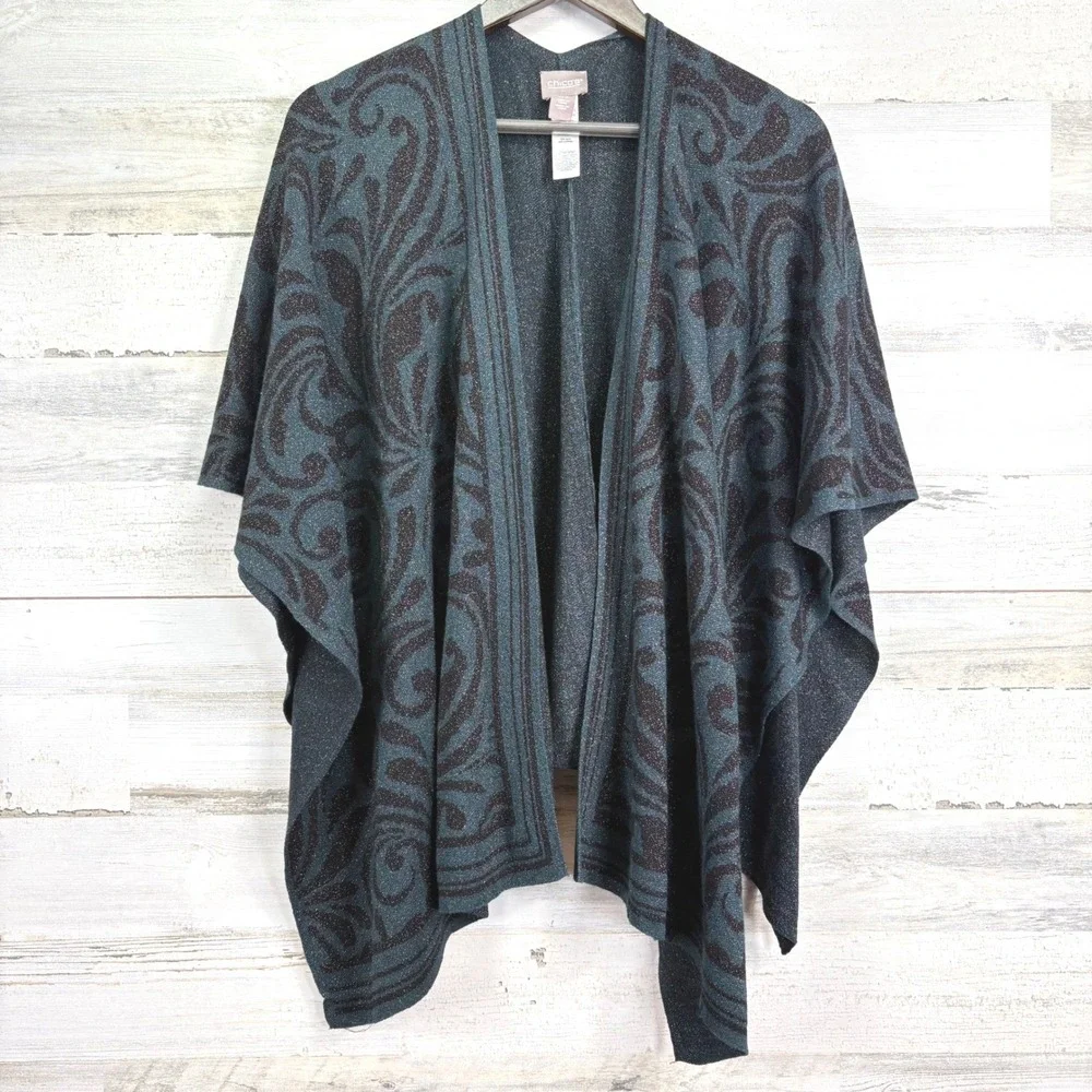 Chicos‎ Womens One Size Metallic Swirl Knit Open Front Poncho Cape Teal Black